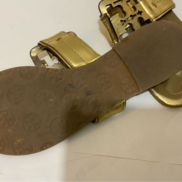 Tory Burch Miller Logo Patent Leather Sandals Vintage Gold  Size 7 - Picture 6 of 8